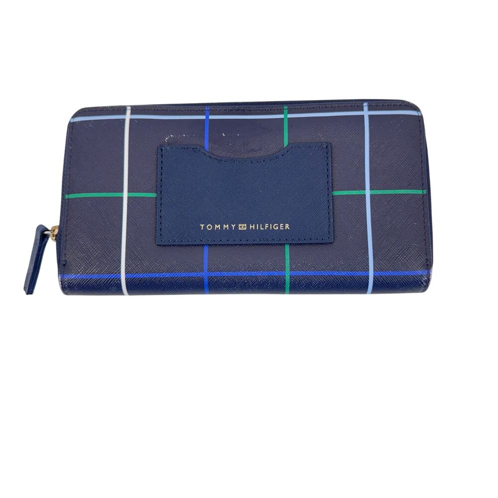 Tommy Hilfiger Navy Plaid Zip Around Wallet Checkbook Style Organizer 8x4.5”